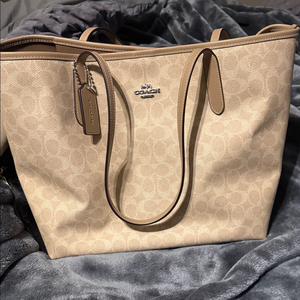 Coach Tan Signature Canvas Tote with Leather Trim